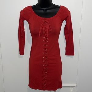 Burnt Orange Long Sleeve Body con Dress w/ Lace-up Design
